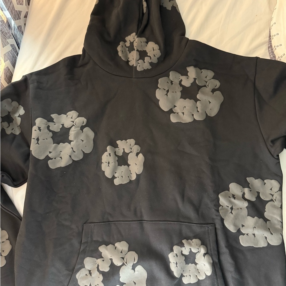 Black Hoodie with Gray Floral Design